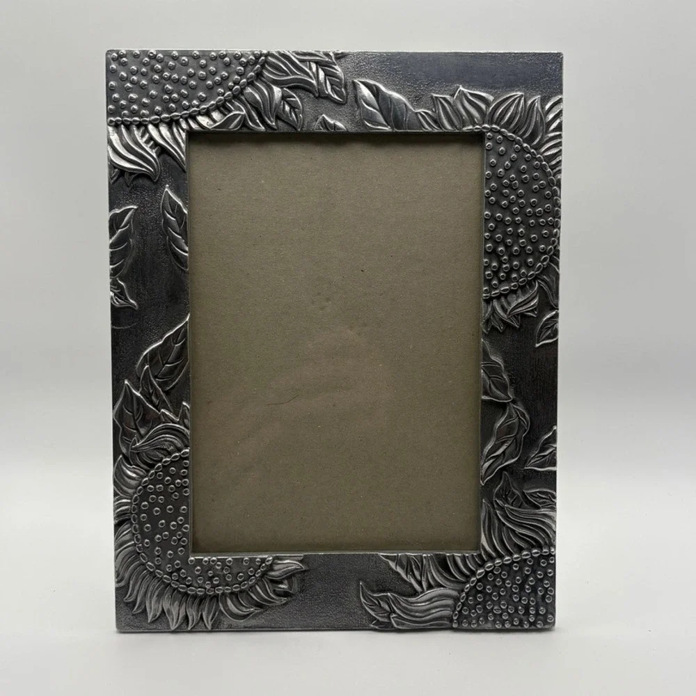 Vintage Sunflower Embossed Metal Picture Frame Pewter Tone Whimsical Forest